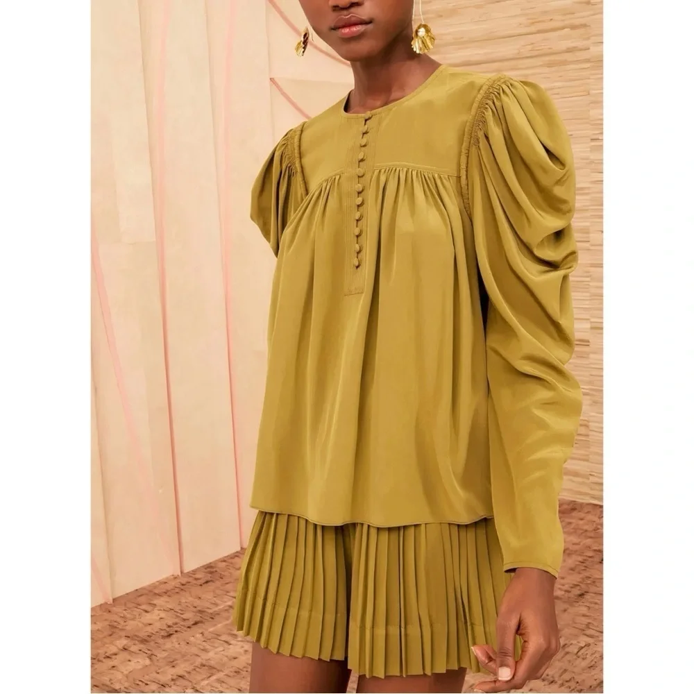 Ulla Johnson Silk Long-Sleeve Green Button-Front Lela Blouse